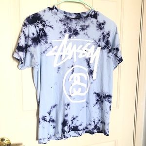 STUSSY Logo Baby Blue Tie Dye T-shirt SMALL